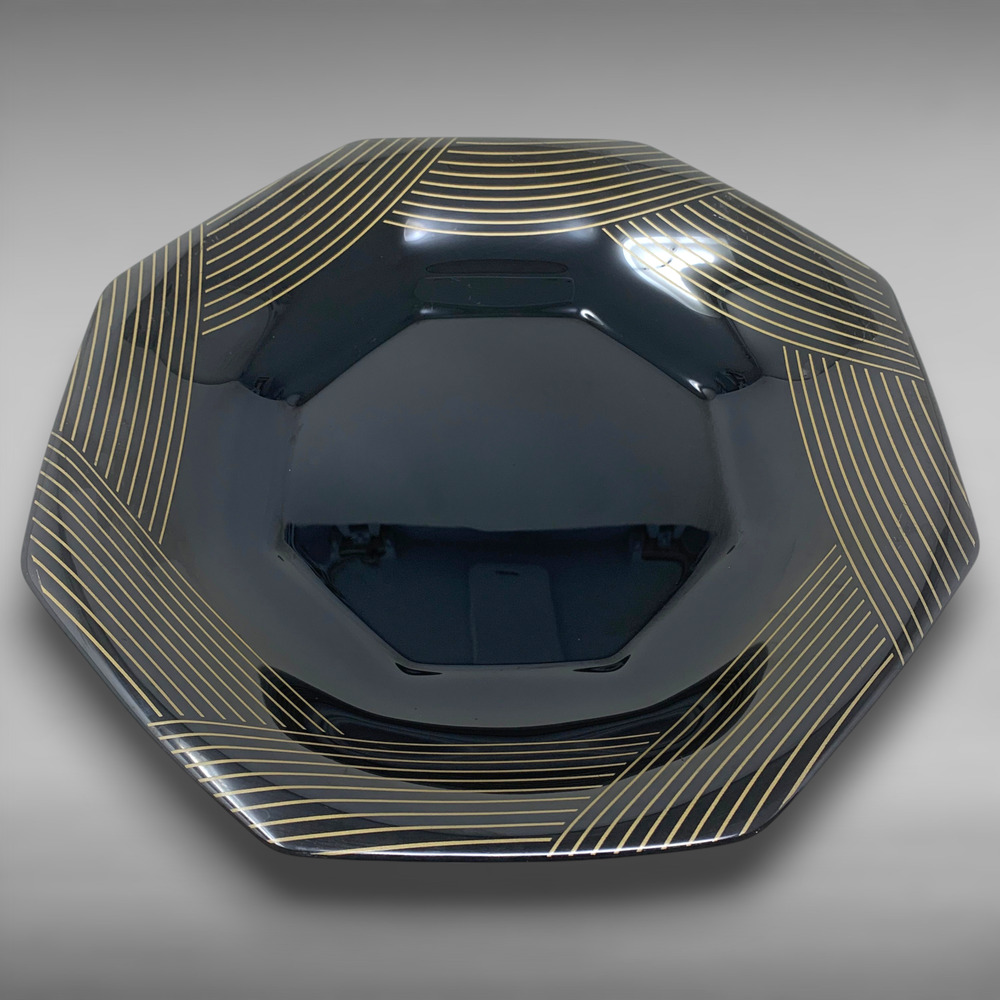 Vintage Arcoroc France Octime Black Gold Octagon Glass Serving Bowl 12" Modern